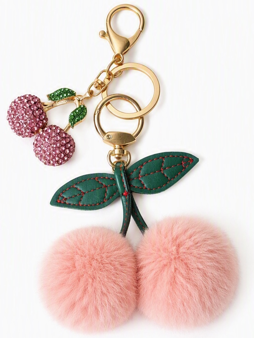 Cherry Pom Pom Bag Charm Keychain Pink Faux Fur Rhinestone 🍒